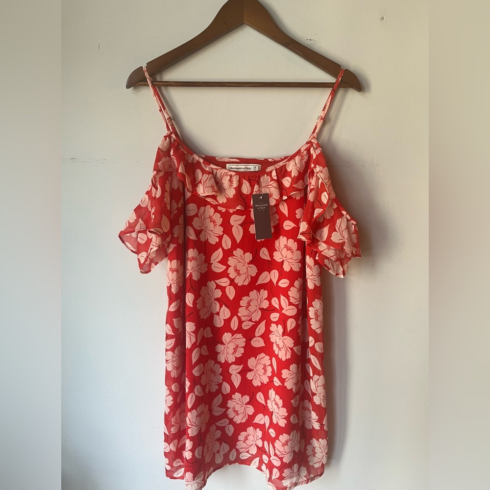 NWT Abercrombie Off the Sleeve Red Floral Dress, M
